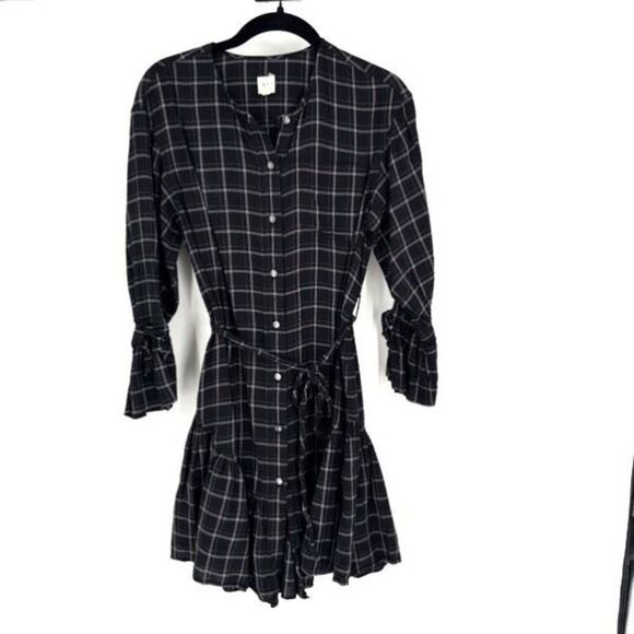 Rebecca Taylor La Vie Gingham Plaid Shirt Dress Button Down Black Ruffle Size XS - Picture 2 of 11